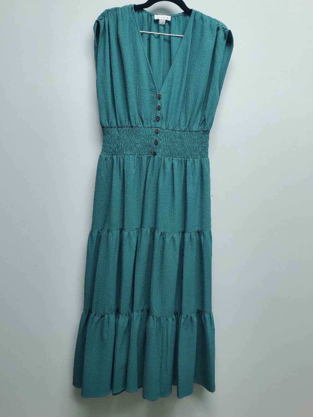CALVIN KLEIN Sequoia Green Gauze V-Neck Tiered Sleeveless Maxi Dress Size 10 EUC